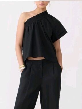 J Crew Smocked One Shoulder Cotton Poplin Summer Blouse Top NWOT  Black Sz M